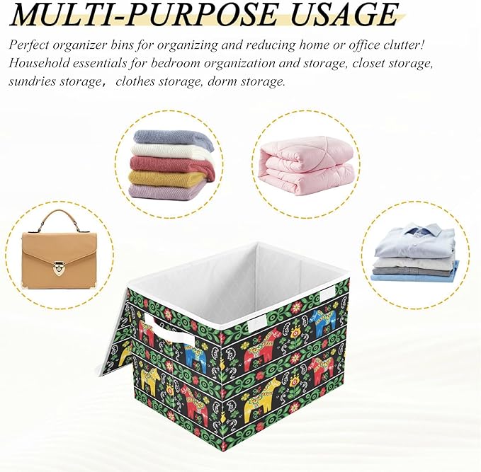 senya Baskets Collapsible Storage Bins with Lids Ethnic Swedish Dala Horse Storage Boxes Clothes Baskets for Organizing