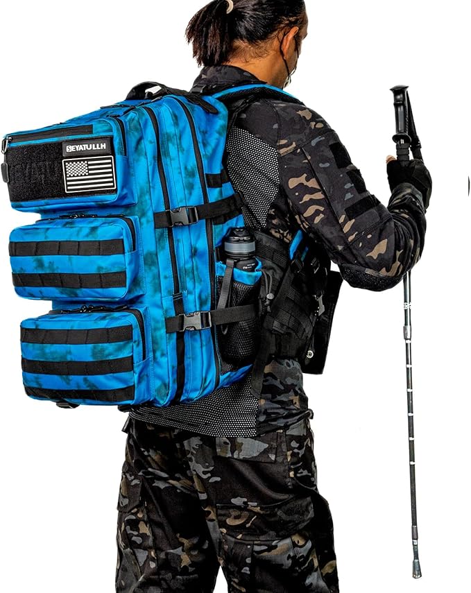 55L Military Tactical Backpack - Bug Out Bag with MOLLE System for Hiking(Blue tie dye)