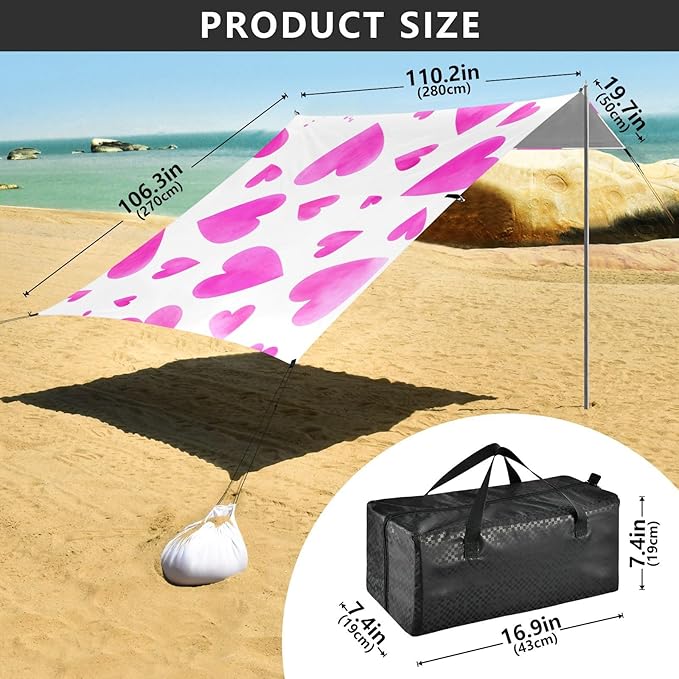 Beach Canopy with Windproof Ropes &amp Sandbags Beach Tent Sun Shade Sun Shelter for Camping Trips Fishing Backyard Fun or Picnics Heart