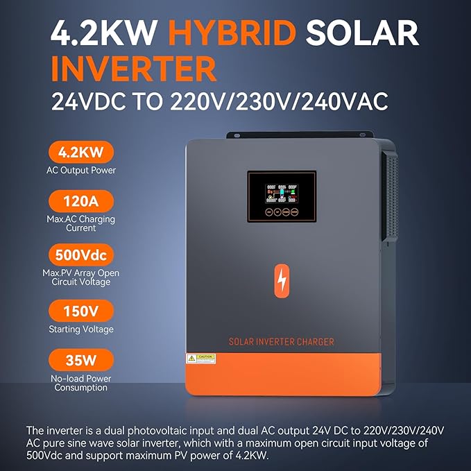 PowMr 4200W Solar Inverter 24VDC to 220-230VAC Off-Grid All-in-One Charger Hybrid Inverter with 120A MPPT Solar Charge Controller Max PV Array 6200W Work for 24V Lead Acid &amp Lithium Battery