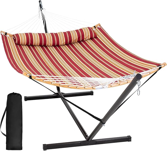 SUNCREAT Hammocks Portable Hammock with 12 ft Stand Included Double Hammock with Curved Spreader Bar Red Stripes