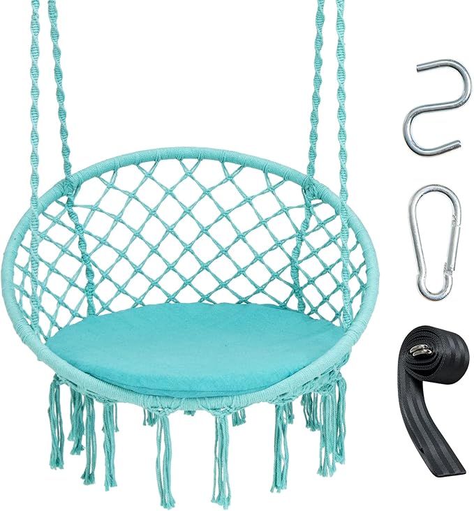 Giantex Hammock Chair Macrame Swing - Hanging with Cushion and Hardware Kit 330 LBS Weight Capacity Indoor for Stand Patio Balcony Living Room (Turquoise) (GT10698-NPTU)