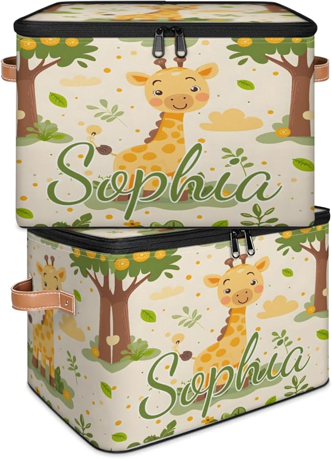 Custom Storage Basket with Name Personalized Storage Bins with Zipper Lid Foldable Fabric Storage Box Large capacity with Handle Giraffe Tree