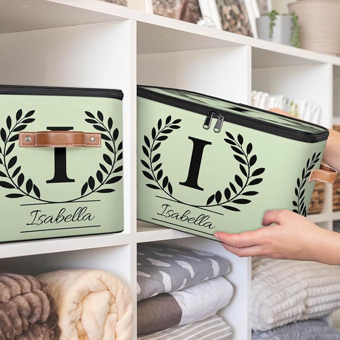 Custom Storage Bins with Lid Initial Name Personalized Storage Basket Boxes Eucalyptus Leaves Foldable Closet Organizer Cube Sage Green