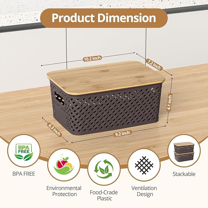 Plastic Storage Bins with Bamboo Lids Stackable Small Box Baskets for Organizing and Containers for Shelves Drawers Desktop Closet Pantry Classroom Office Home 6 Pack 10.2x7.2x4.1 Inch Brown