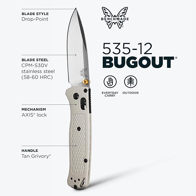 Benchmade - Bugout Outdoor EDC Folding Knife Slim Lightweight Plain Edge Drop-Point Blade CPM-S30V Stainless Steel (58-60HRC) Grivory Handle (535-12)