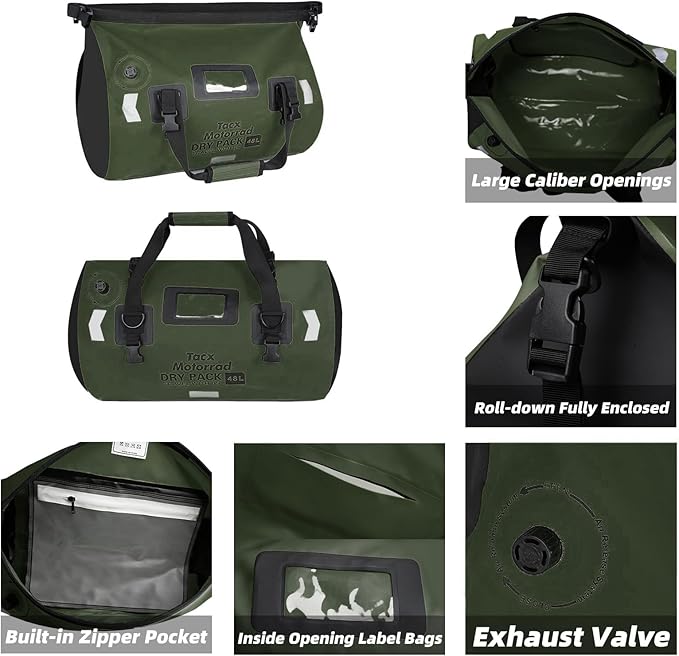 Waterproof Duffel Bag for Men/Women Roll-top Dry Backpack Duffel Bag with Quick-fixed Straps Motorcycle Tail Saddle Bag for Motorcycling Rafting Boating Kayaking Travel 48L-Green