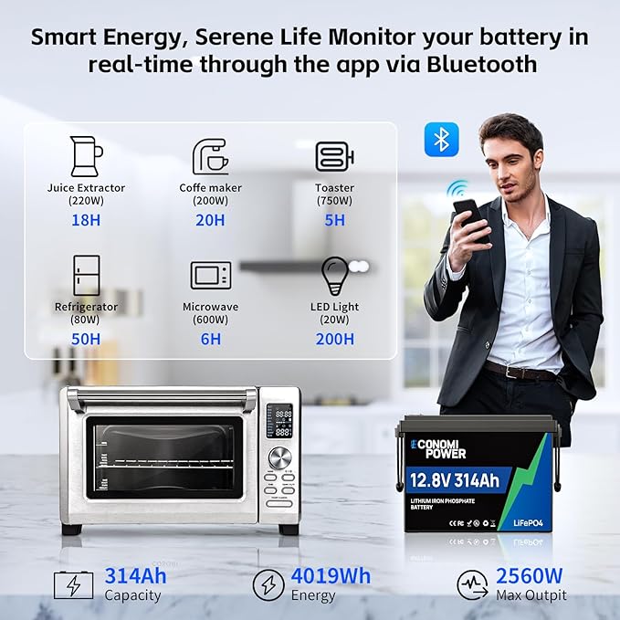 12V 314Ah(300Ah) LiFePO4 Lithium Battery 200A Smart BMS w/App Monitoring &amp 15000+ Cycles Compact Reliable Power for RV Solar Off-Grid &amp Home Backup