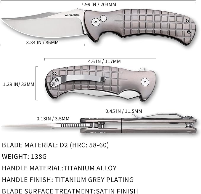 Small EDC Pocket Knife for Men &amp Women - 3 Trailing Point D2 Blade Titanium Handle with Button Lock &amp Pocket Clip | Small Slim Cool Folding Knife for Daily Carry Camping Hiking &amp Outdoo