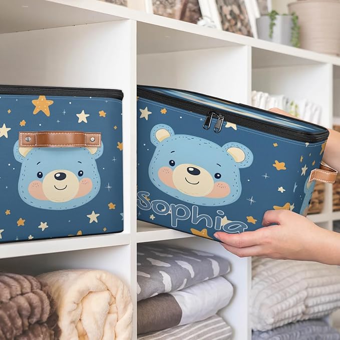 Custom Storage Basket with Name Personalized Storage Bins with Zipper Lid Foldable Fabric Storage Box Large capacity with Handle Star Blue Bear