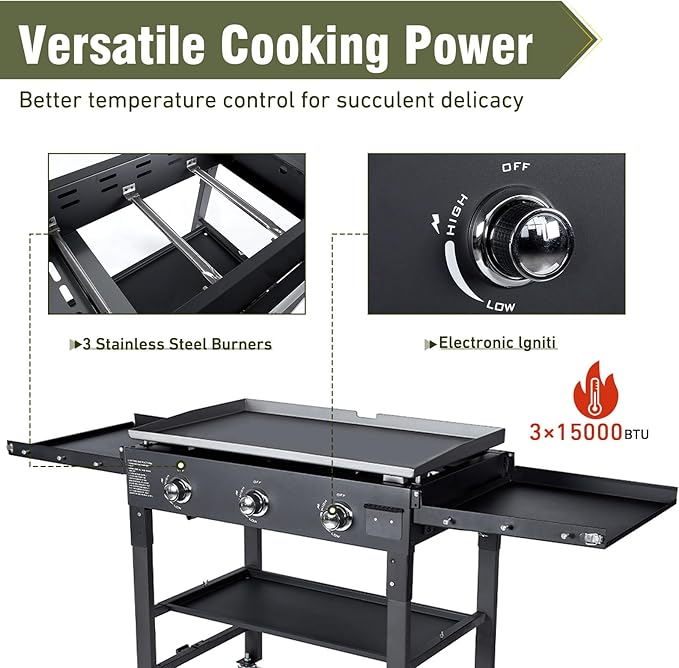BESTFIRE 3 Burner 35 Flat Top Grill45000 BTU Flat Grills Outdoor Cooking with Two Foldable ShelvesOutdoor Griddle with Porcelain-Enameled Cast Iron Grate &amp Pan for KitchenBBQ&amp Camping