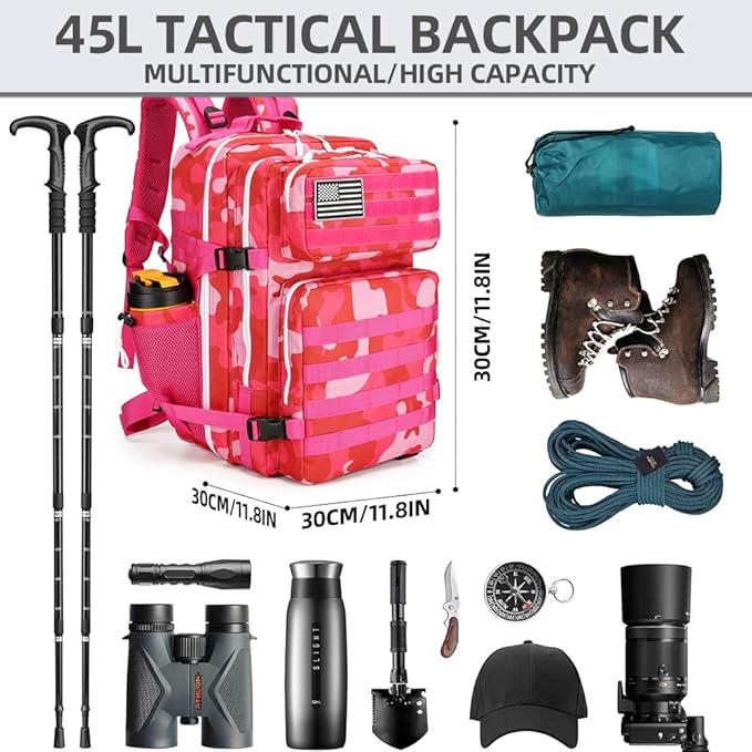45L Military Tactical Backpacks 3 Days Assault Pack Bag Fitness Rucksack 3 Day Bug Out Bag Hiking Treeking Molle Daypack (Rose Red CP)