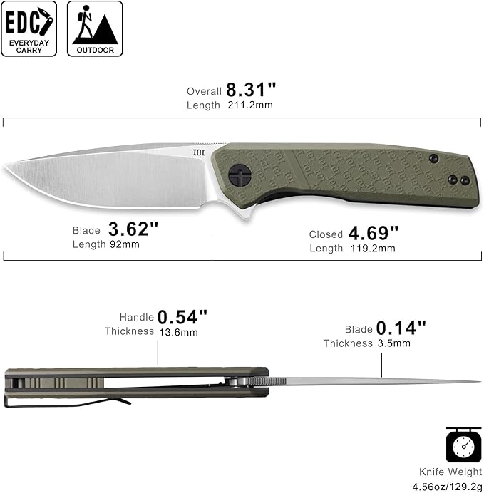 IOI Scout I20432 Folding Pocket KnifeA – 3.62 Edge D2 Steel Satin Blade with 3.62 Edge FRN Handle Lightweight EDC Knife with Liner Lock and Custom Left-Side Clip Excellent for Camping Work Outd