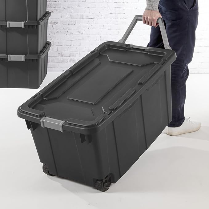 40 Gallon Heavy-Duty Rolling Storage Bins 2-Pack Dark Gray Industrial Plastic with Pivot Handle Leakproof Lid &amp Latches for Garage Warehouse Equipment Transport &amp Storage