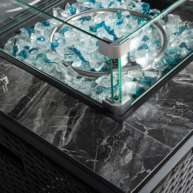 24in Outdoor Propane Gas Fire Pit Table 40000 BTU Auto-Ignition Gas Firepit with Glass Wind Guard Marble Tile Tabletop Mixed Color Glass Rocks Brown PE Rattan