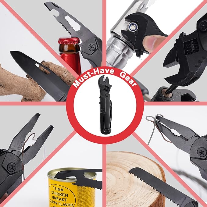 19-in-1 Multitool Wrench – Stainless Steel Adjustable Wrench with Pliers Knife Wire Cutter Saw Screwdrivers – Compact EDC Pocket Tool for Camping DIY Repairs Gift for Men
