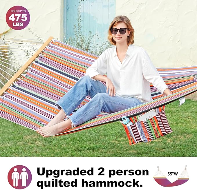 GAFETE Hammock 2 Person Quilted Fabric Hammocks for Outside Double 12ft Hammocks with Spreader Bar Large Removable Pillow Storage Bag Carabiners Max 475 lbs Capacity (Sunset Red Stripe)