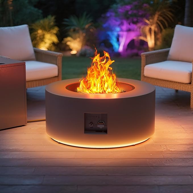 30' Outdoor Fire Pit Table with 50000 BTU Output Premium Gas Fire Pit Tables for Outside Patio Round Propane Fire Pit with Glass Stones Waterproof Cover (Grey/Warm Light 30 LED)