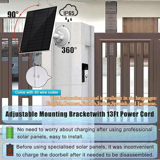 3W Solar Panel with Built-in 4000mAh Battery IP65 13.2ft Charging Cable only Compatible with Ring Video doorbell 3/4/3 PlusRing Battery Doorbell Plus/Pro Camera Simple Installation (Fork-Style)