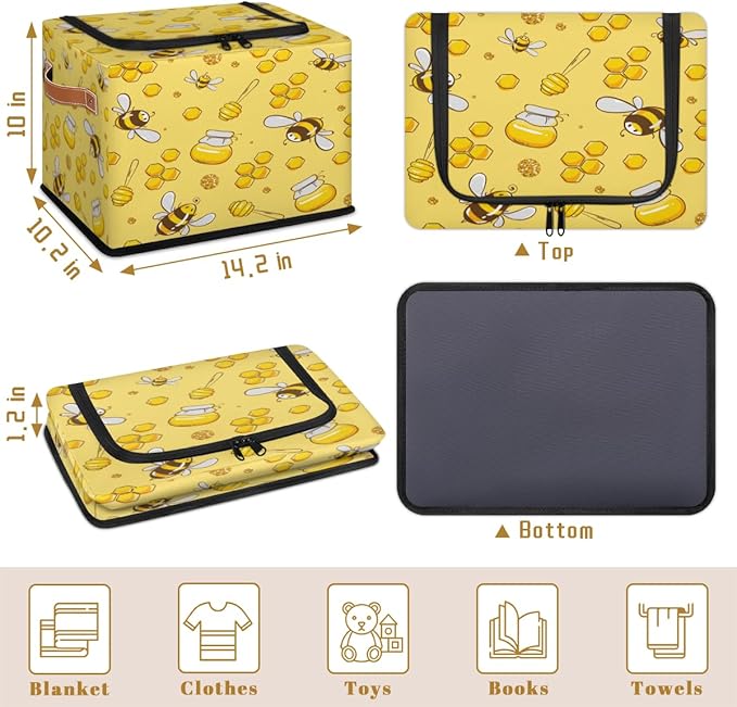 KOBLEN Animal Bee Pattern Storage Basket Collapsible Rectangular Storage Bins with Zipper Lid Handle Closet Shelf Cloth Organizer Basket for Nursery Bedroom Clothes Toy