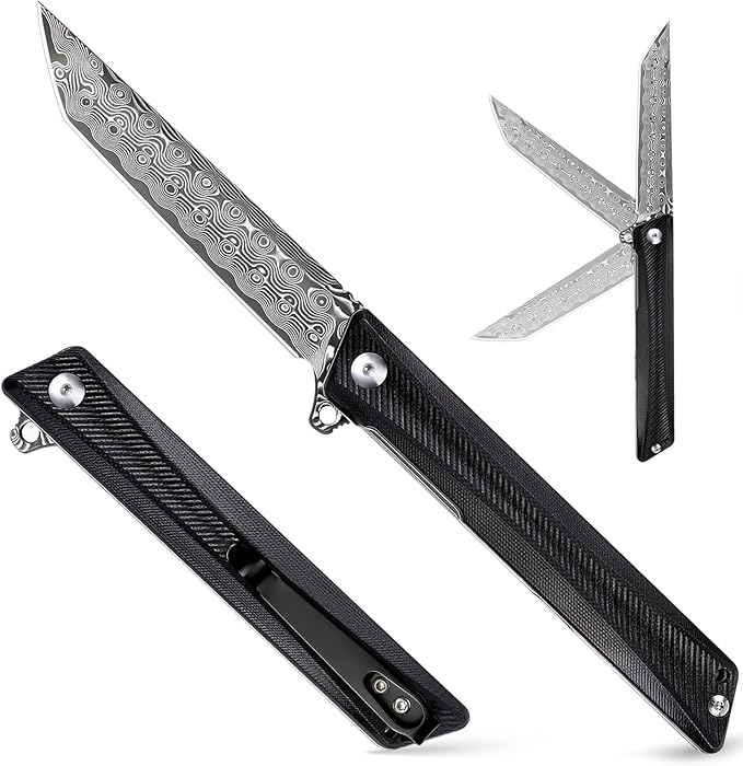 REMETTE Damascus Pocket Knife GD22K Flipper Open Tanto Blade Damascus Steel Folding Pocket Knives with Pocket Clip G10 Handle Men Women Sharp EDC Pocket Knife Camping Hiking Gift