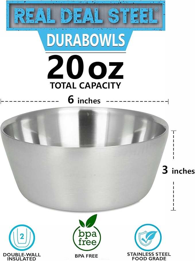 Stainless Steel Insulated Bowls for Kids and Adults - 20 Oz Double Wall Metal Bowls for Ice Cream Soup Cereal Snack Rice Dish Camping Bowl (Stainless Steel)