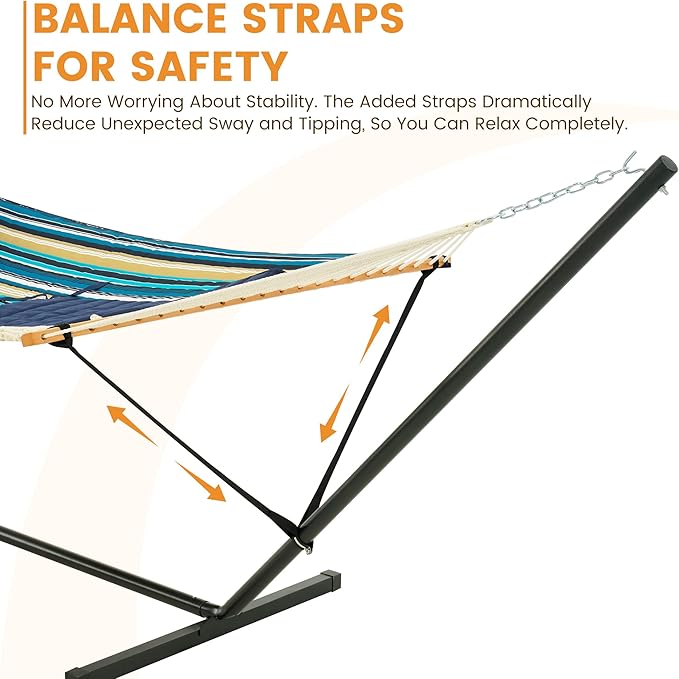 Lazy Daze Hammocks 2 Person Portable Hammock with 12FT Stand Double Hand Woven Cotton Rope Hammock with Detachable Quilted Pad &amp Pillow for Outside 450lb Capacity Beach Stripes