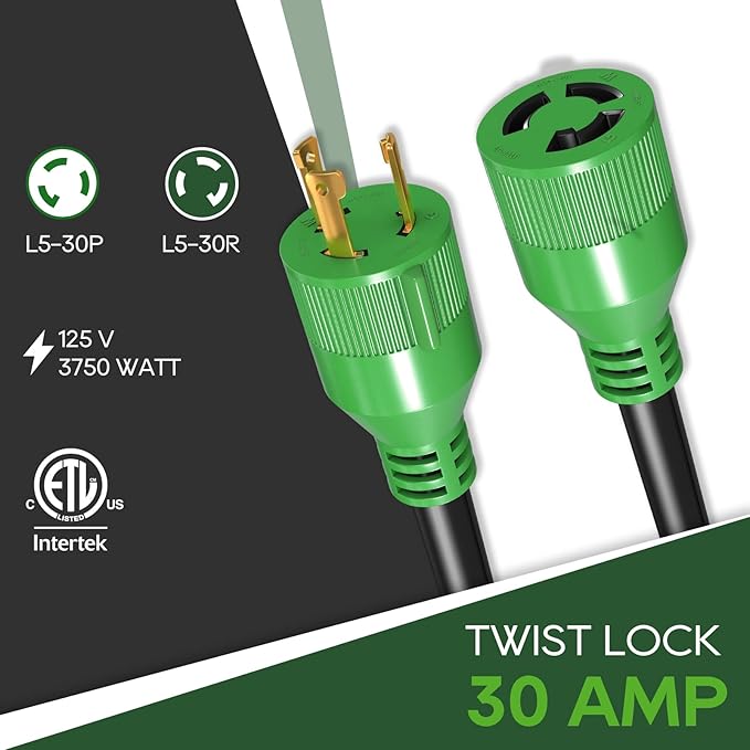 RVGUARD 3 Prong 30 Amp 100 Foot Generator Extension Cord NEMA L5-30P/L5-30R 125V 10 Gauge SJTW Generator Power Cord with Cord Organizer ETL Listed