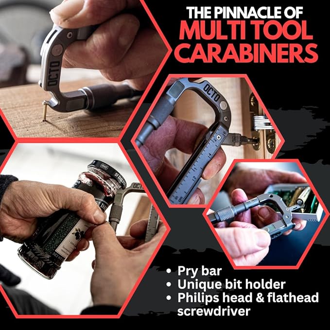OCTO MAX 20-in-1 Titanium Carabiner Multi-Tool | Heavy-Duty EDC with Steel Knife Glass Breaker Bottle Opener Wrenches Screwdrivers &amp More