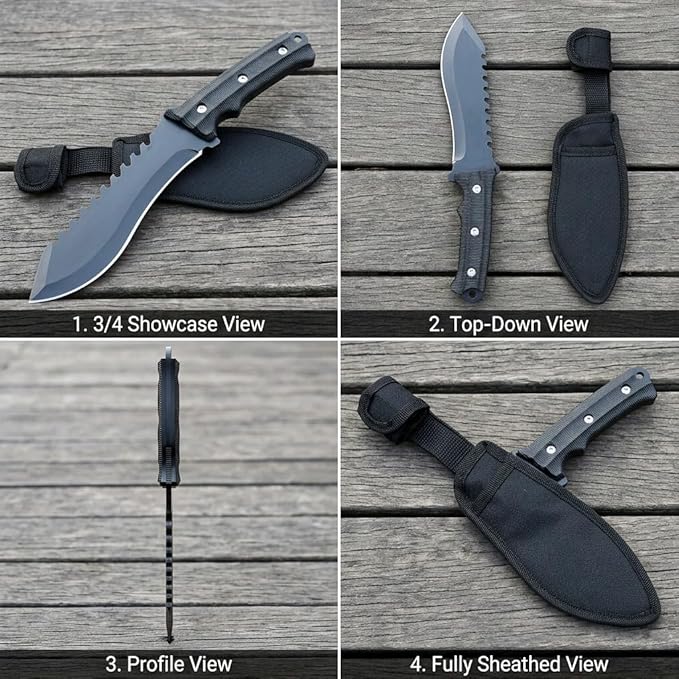 11.4 Fixed Blade Outdoor Knife with 9CR13MOV Stainless Steel - Rugged Utility Knife with Sawtooth Spine &amp V-Shaped Edge - Non-Slip ABS Handle with Lanyard Hole - Durable Nylon Sheath for Camping