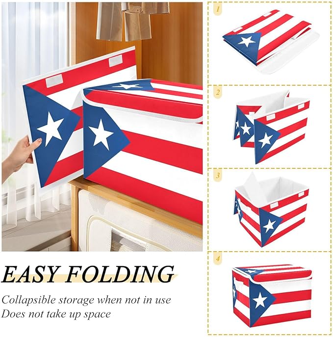 Puerto Rico Flag Puerto Rican National Red Storage Containers with Lids Foldable Box Organizer Extra Large Storage for