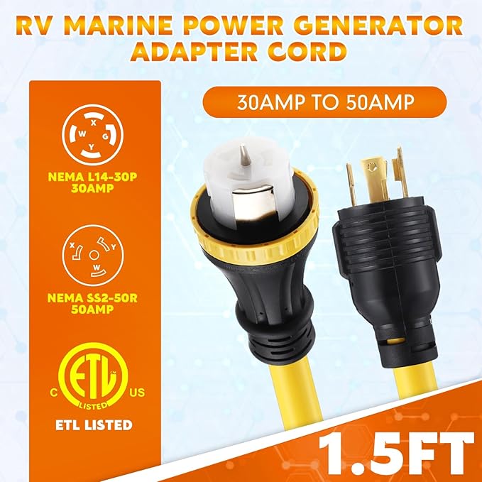 NEMA L14-30P to SS2-50R RV Marine Power Generator Adapter Cord 30A 4 Prong Locking Generator L14-30P Male to 50A Marine Shore Power SS2-50R Female with Locking Ring 125V/250V (1.5ft)