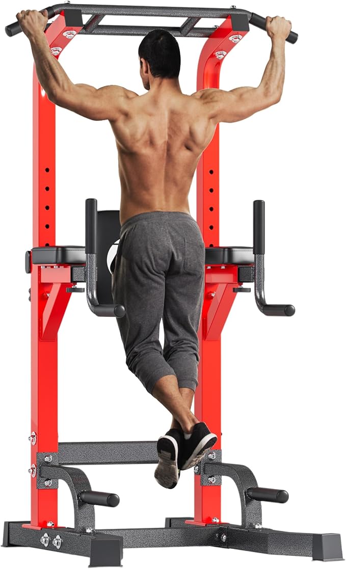 soges Pull Up Bar Dip Station Power Tower with A Backrest Adjustable Height Pull Up Bar Stand Multi-Function Home Gym Strength TrainingRed