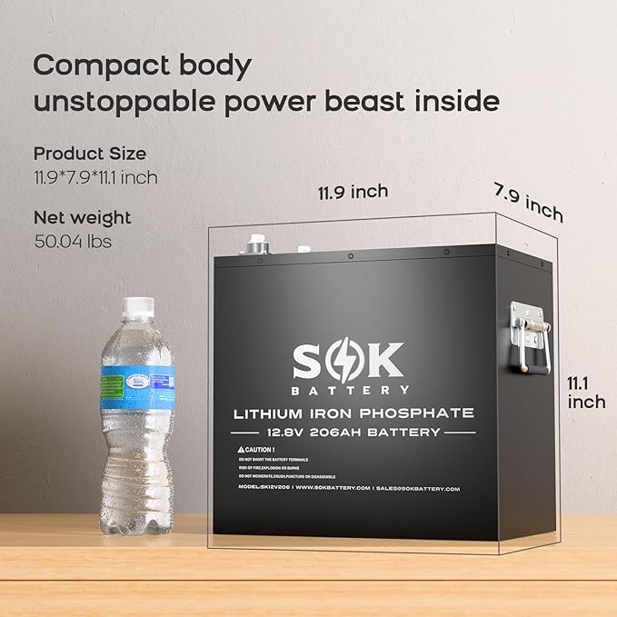 SOK Battery 12V 206Ah LiFePO4 Lithium Battery Deep Cycle Lithium Iron Phosphate Battery with Low-Temp Protection &amp Built-in Heater Suitable for RV and Solar &amp Wind Off-Grid Use