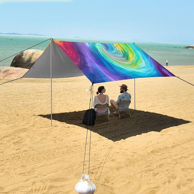 Tie Dye Beach Tent Sun Shelter 9.2' x 10.5' Beach Canopy with 4 Sandbags 4 Stability Poles Sand Shovels - Tent Canopy for Beach Camping Fishing Picnics