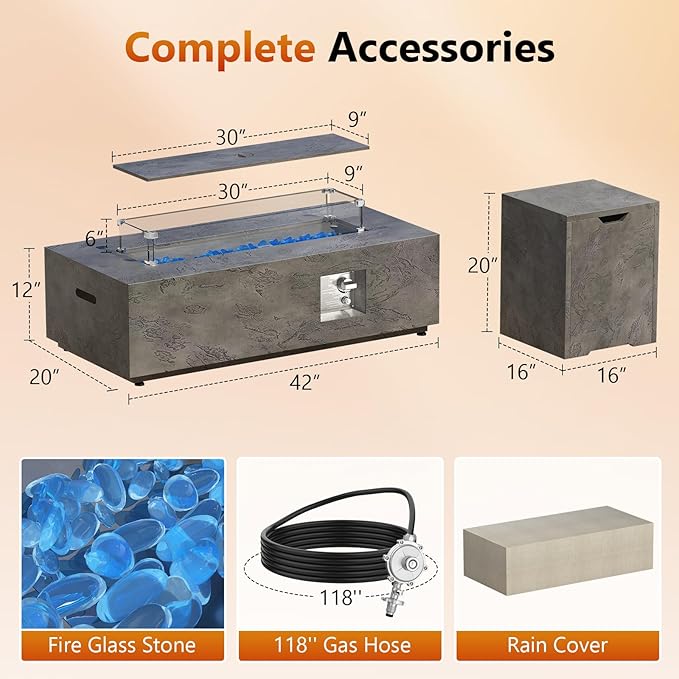2-Piece 42 Rectangular Propane Fire Pit for Outside Patio with Hidden Tank Table 50000 BTU Fireplaces with Glass Wind Guard Lid Glass Rocks Cover(Grey Rock Veins)