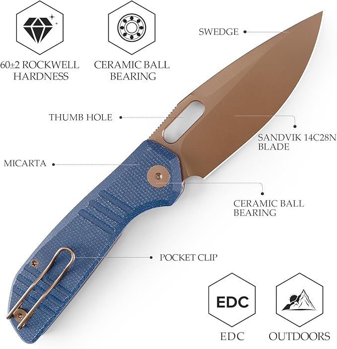 TRIVISA Gecko Folding Pocket Knife 3.4 14C28N Steel Blade Micarta Handle EDC Knife with Pocket Clip for Men Women Camping Hiking (Blue)