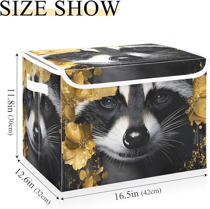 AIXIWAWA Lidded Storage Cube (Gold Floral Raccoon) Fabric Foldable Closet Bins with Flip Lid and Handles Organizer Basket Container 16.5 x 12.6 x 11.8 IN