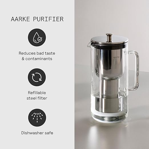 Aarke Purifier Regular Glass Pitcher Bundle w/Steel Filter BPA-Free 4 Pure Refill Granules - Filters Heavy Metals 2.4L Pitcher with 1.18L Filtration Capacity