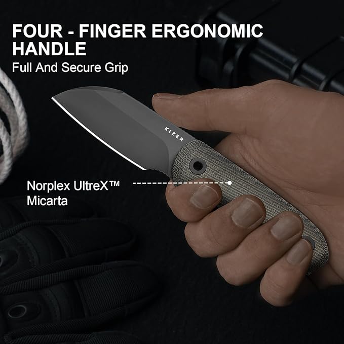 Kizer Drop Bear Fixed Blade Knife 2.56 S45VN Matte DLC Ultra Blade EDC Camping Knife with Norplex UltreX™ Green Micarta Handle &amp Built-in Tools Hunting Survival Knives with Kydex Sheath 1093A3