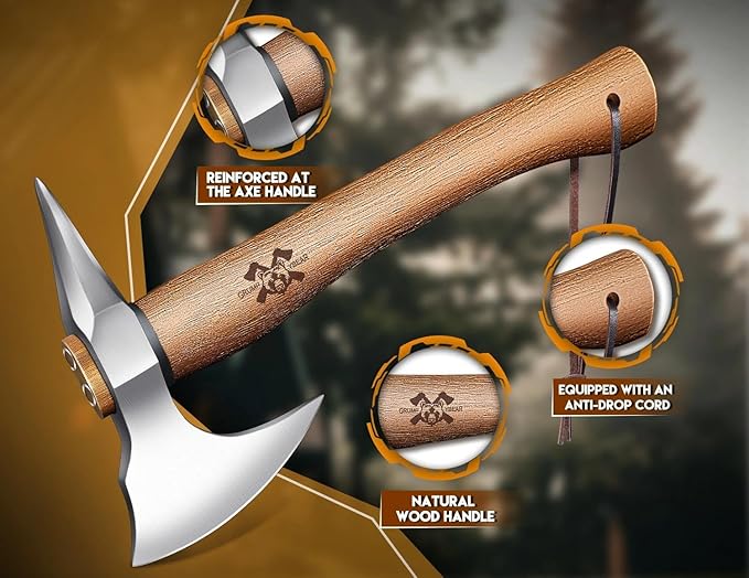 Grumpy Bear 15 Survival Axe Camping Hatchet – Forged High Carbon Steel Blade with Walnut Wood Handle – Anti-Slip Grip – Ideal for Bushcraft Wood Splitting &amp Outdoor Adventures Silver Wood