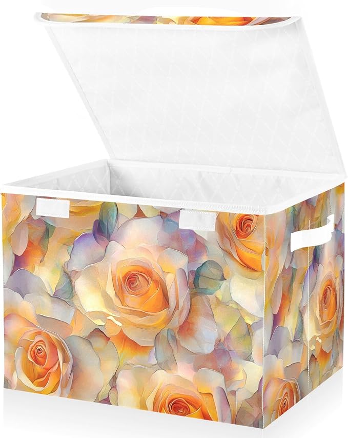 Aesthetic Floral Orange Storage Cube Bins Basket with Lid Collapsible Flip-top Fabric with Handle for Home Bedroom Closet Office 16.5×12.6×11.8 in