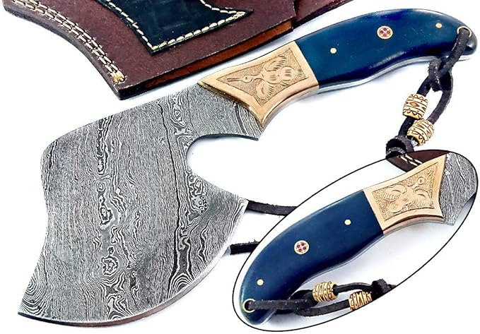 Dessi Handmade Damascus Steel Axe Hatchet Blue Micarta Handle Brass Eagle Engraving Leather Sheath Camping Bushcraft EDC Tomahawk Gift Men SM46