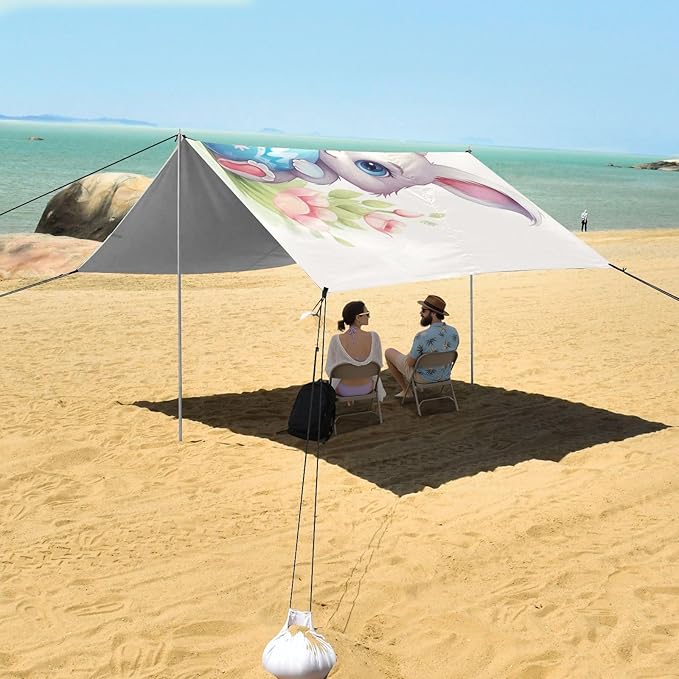 ALAZA Cute Rabbit Easter Egg Beach Tent Sun Shelter UPF50+ Protection Beach Shade Canopy w/ 4 Sandbags for Outdoor Camping Fishing Backyard Fun Picnic 10x9 ft