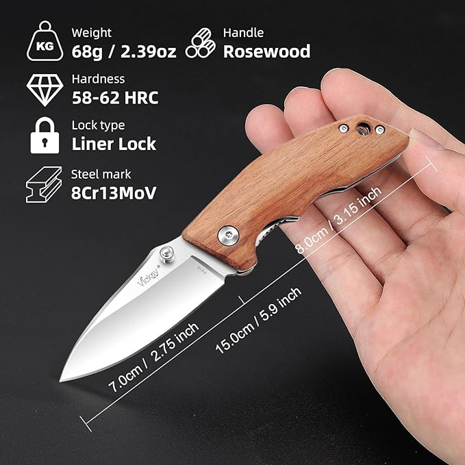 Vickay Pocket Knife Folding Knife 2.75 8Cr13MoV Steel Blade Wood Handle EDC Knife for Men &amp Women Outdoor Camping Tactical Hunting Hiking Survival - Father’s Day Gift