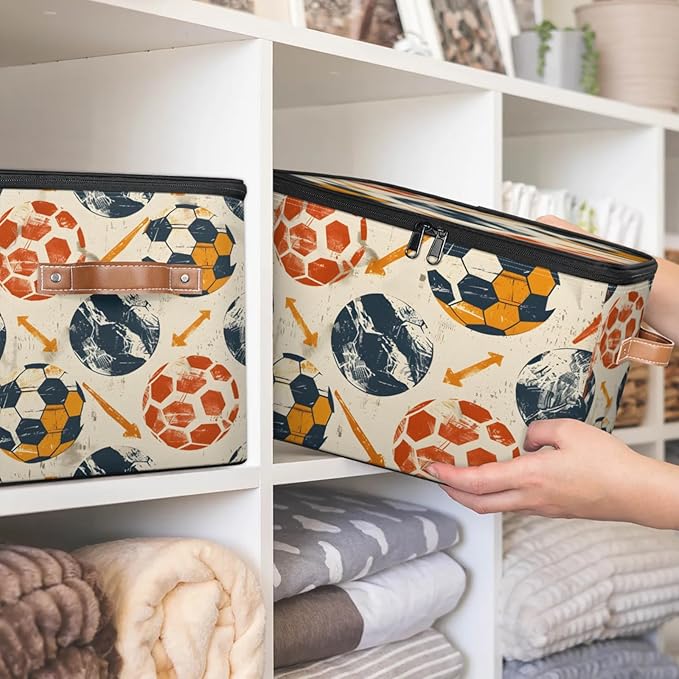 Storage Bins with Lids Soccers Print Storage Basket Clothes Organizer with Handles Closet Storage Containers for Clothing Bedding Blanket