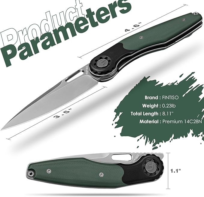 FINTISO Pocket Knife 3.5 Folding Knife Premium 14C28N Blade Bicolour G10 Handle Design with Pocket Clip for Men Women Small EDC Knife for Camping Hunting Hiking Survival and Outdoor Activities