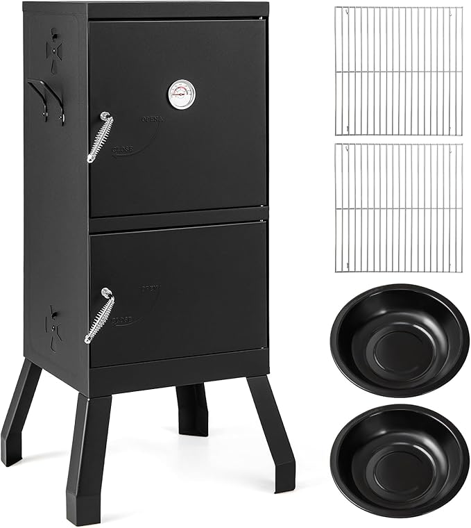 Giantex Outdoor Smoker with Double Doors 2 Detachable Grill Netting Smoking Racks Charcoal Pan &amp Water Pan 4 Air Vents Thermometer Vertical Charcoal Smoker for Barbecue Camping Backyard Grill