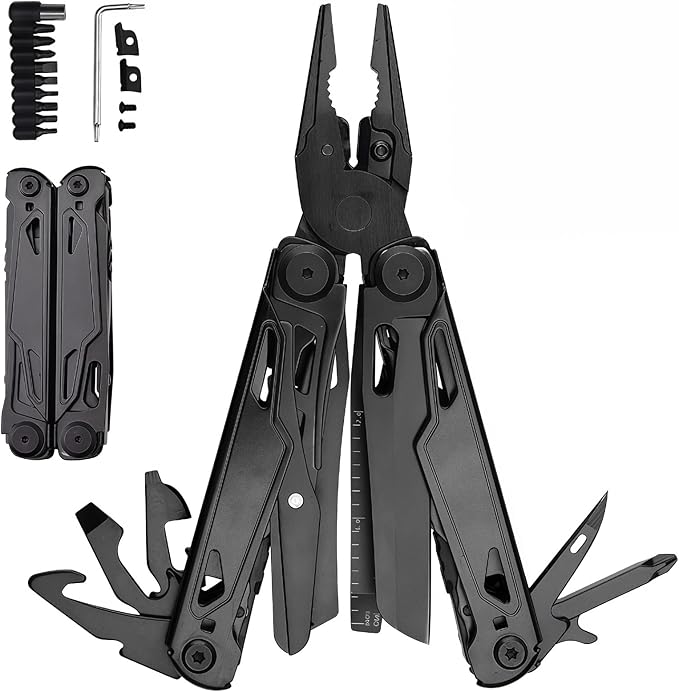 Multitool 17-in-1 Full-Size Lightweight EDC Multi-Purpose Pliers Nylon Bag Camping Knives &amp Tools Tactical Outdoor Gear Mens Gifts Ideas Gifts for Hunters Men who have Everything (Dark Bla