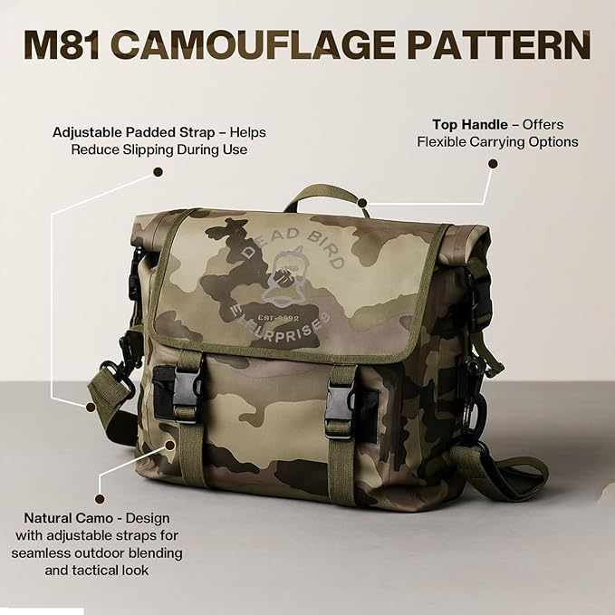 Waterproof Tactical Sling Bag with Camouflage Pattern Crossbody Dry Bag Roll-Top Design Adjustable Strap for Travel &amp Outdoor Use (Military)